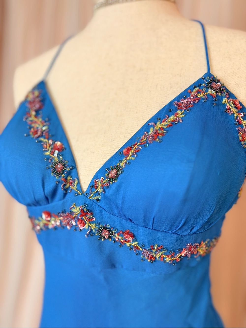 Caché 100% Silk Beaded Cami Tank Top Blue Y2K Fairy Boho Embellished Size 8 - Picture 3 of 14